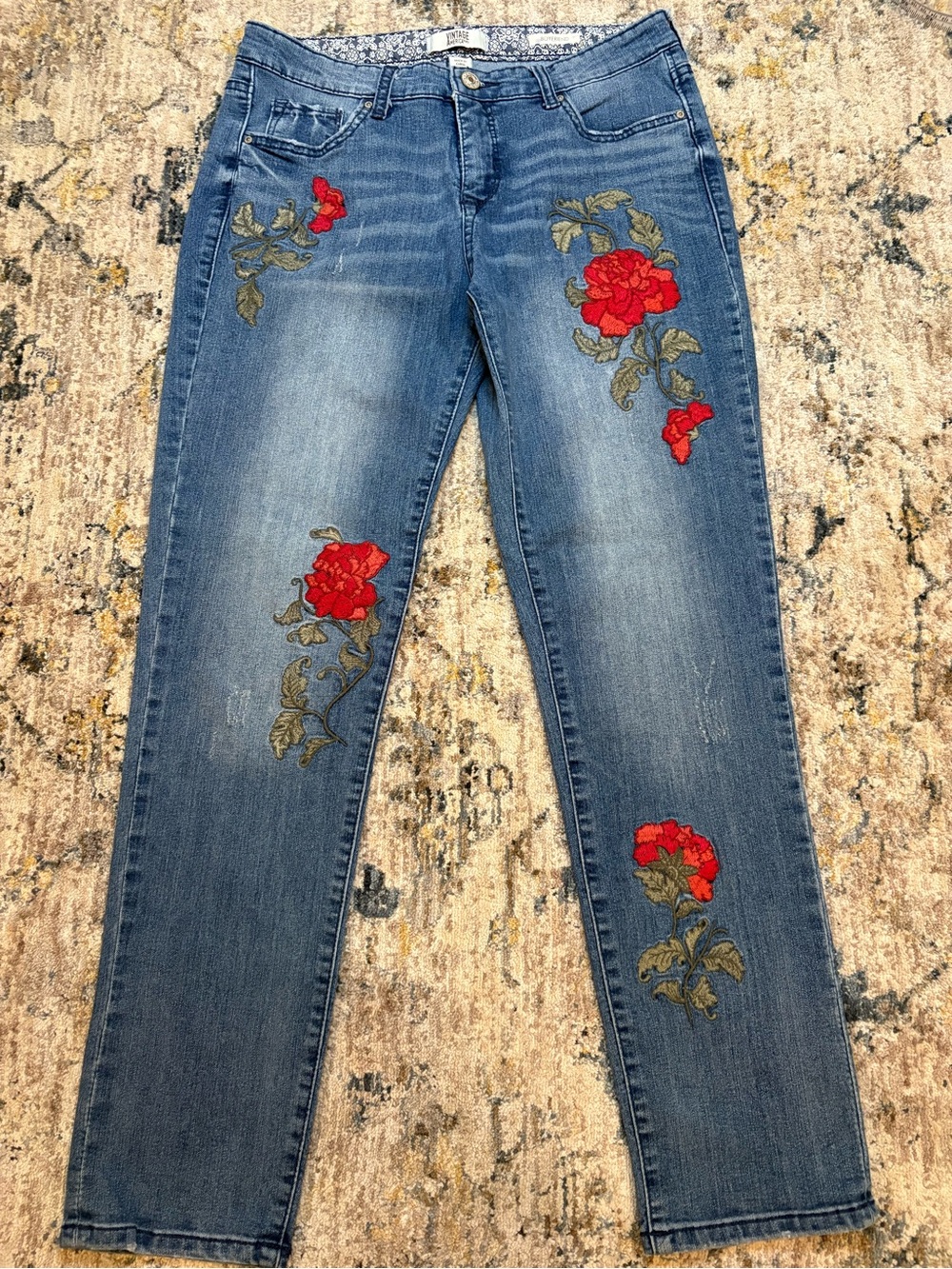 Y2K Vintage America Boyfriend Blue Jeans Sz 4 Floral Rose Embroidered Distressed